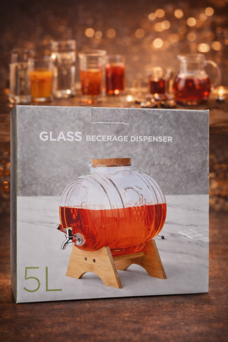 🥤 موزّع مشروبات زجاجي – سعة 5 لتر تصميم أنيق مع قاعدة خشبية وصنبور عملي، مثالي للعصائر، الليمونادة، والشاي البارد. اختيار رائع للضيافة والمناسبات والاستخدام اليومي